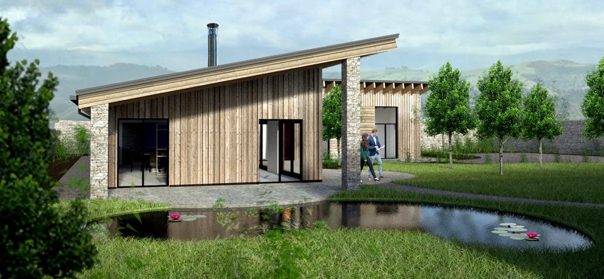 eco home with pond in garden passivhaus sustainable building architecture