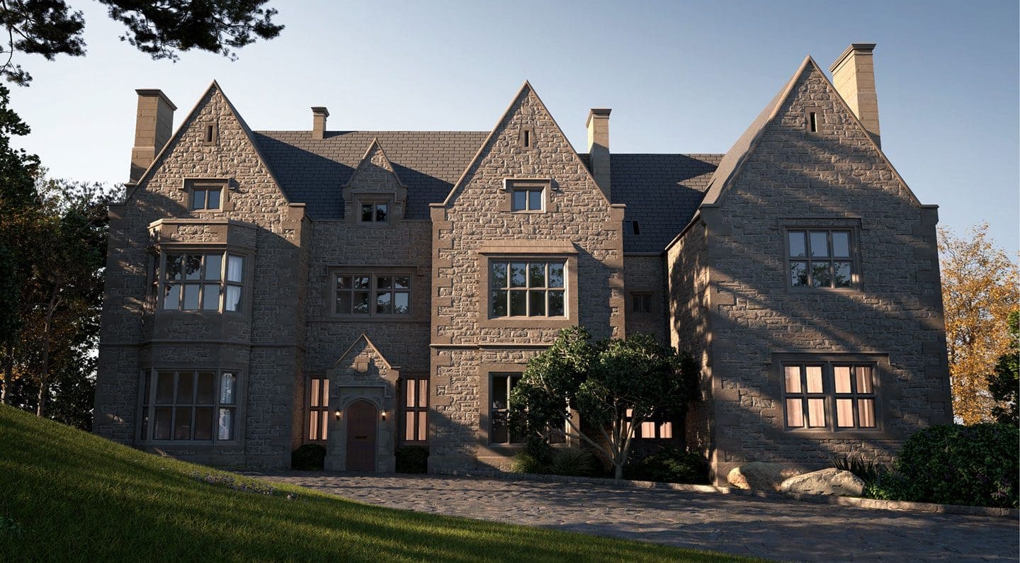 old fashioned design of a large stone house