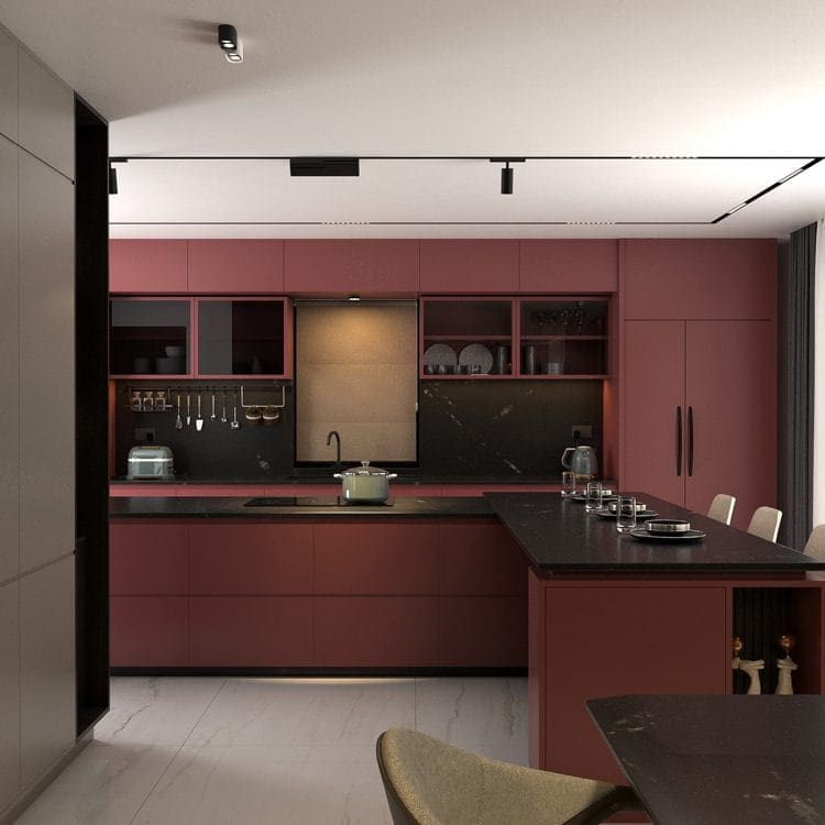 kitchen with burgundy cupboards and island